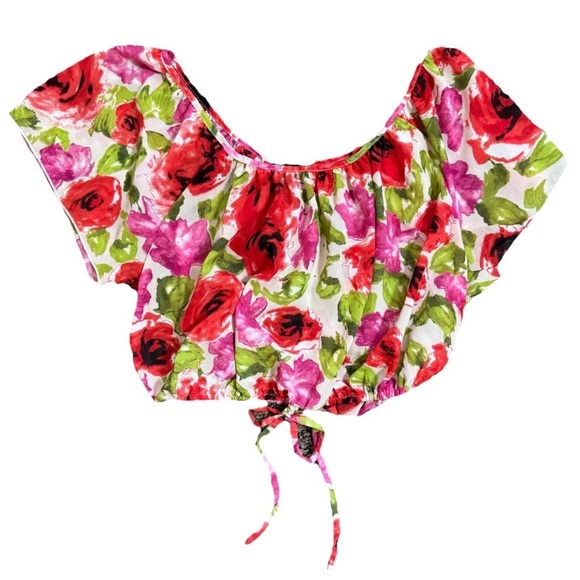 Wet Seal Floral Crop Top Blouse Size S Red Cinch Tie Detail Y2K Vibes Festival - Picture 2 of 7